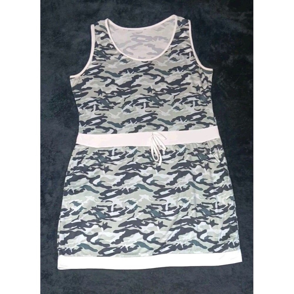 Camouflage Athletic Mini Dress XL Gray Drawstring Waist Utility Gorpcore Preppy